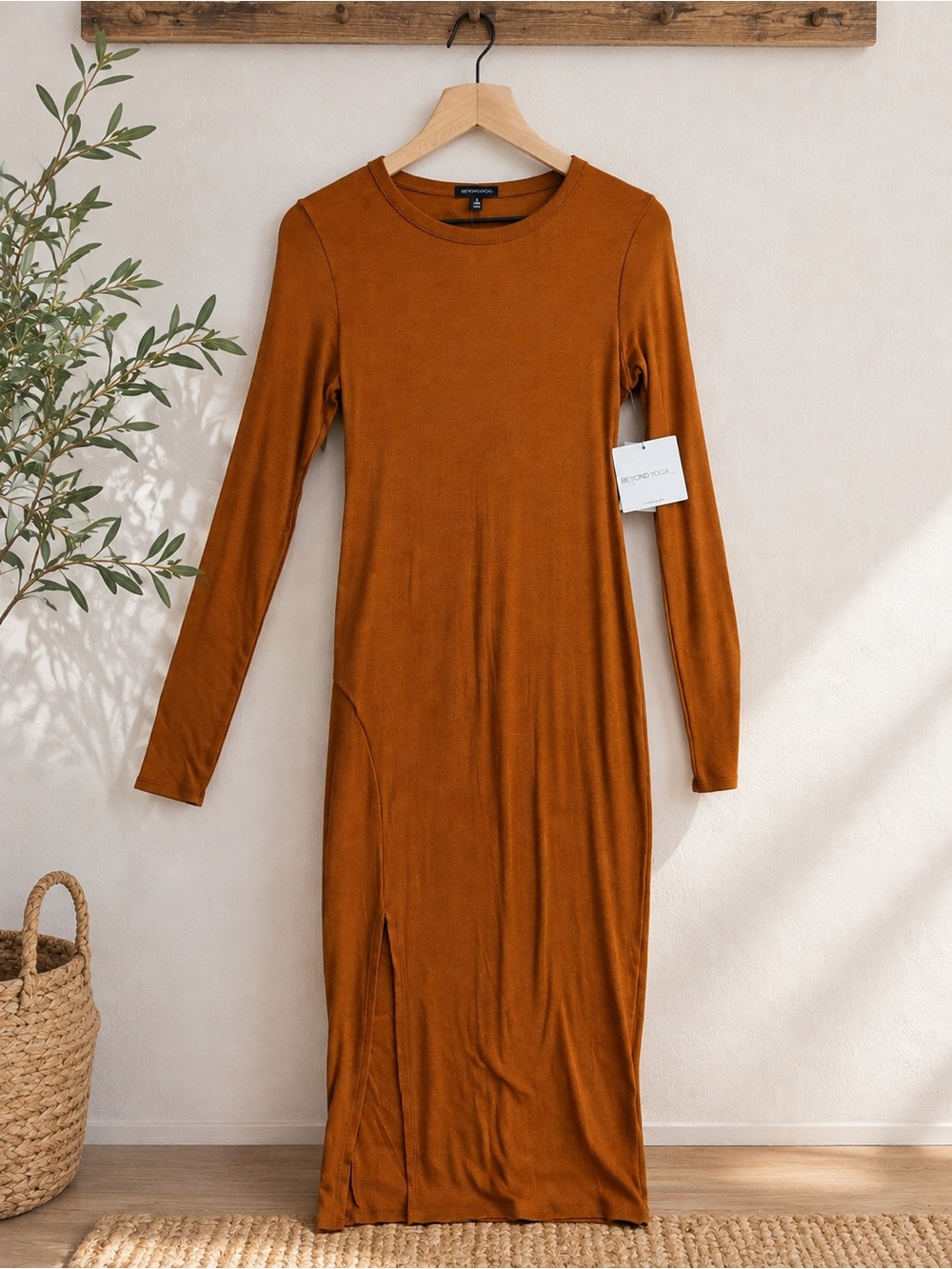 Beyond Yoga Long Sleeve Midi Dress in Rust Brown